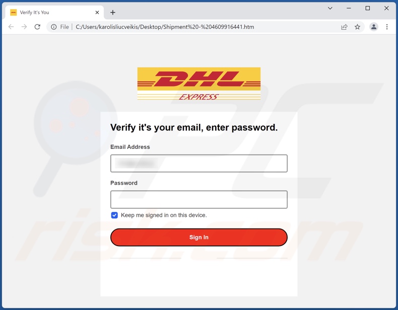 Anexo de phishing distribuído através da campanha de spam DHL Shipment Details (4609916441.html)