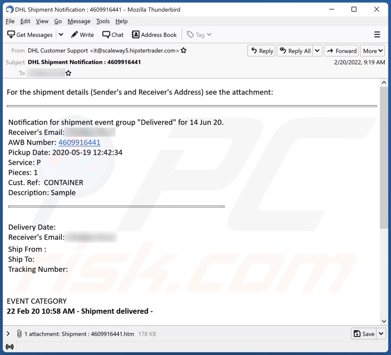 campanha de spam por email DHL Shipment Details 