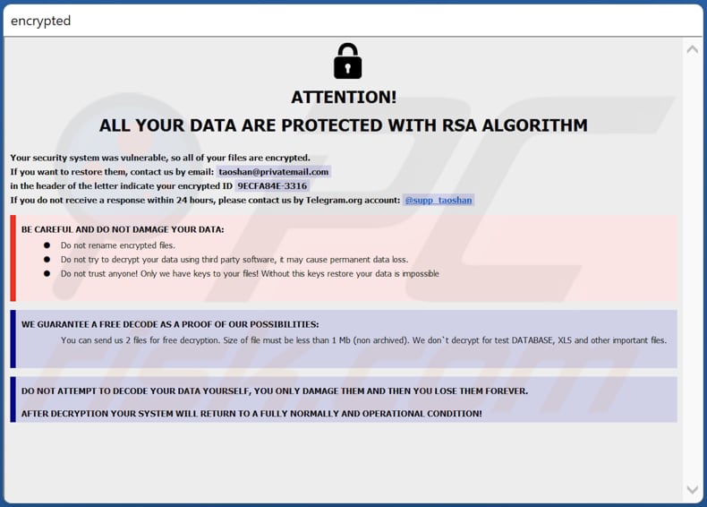 nota de resgate do ransomware DIKE na janela pop-up (info.hta)