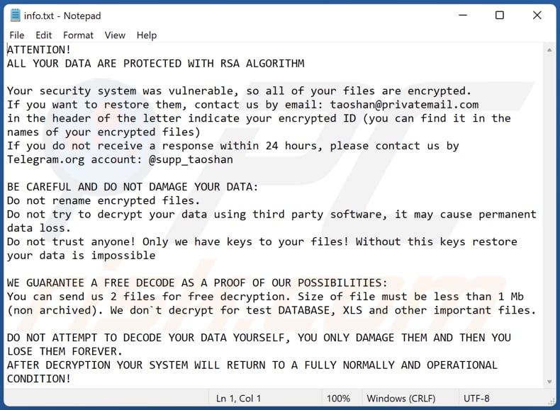 Ficheiro de texto do ransomware DIKE (info.txt)