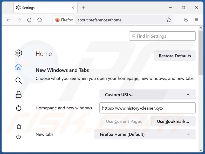 Remoção do history-cleaner.xyz da página inicial do Mozilla Firefox