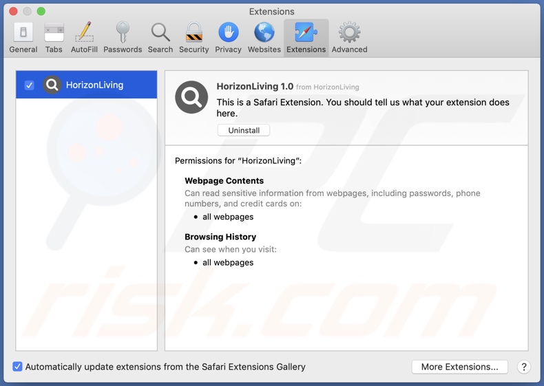 adware HorizonLiving instalado no Safari