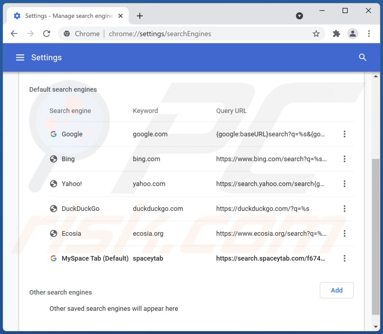 Remover search.spaceytab.com do motor de pesquisa padrão do Google Chrome