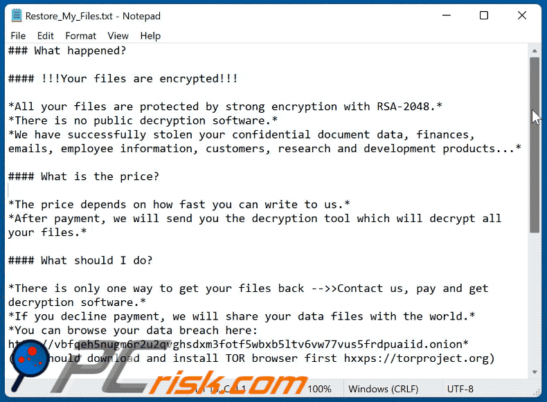 Aparência da nota de resgate do ransomware pandora Restore_My_Files.txt 