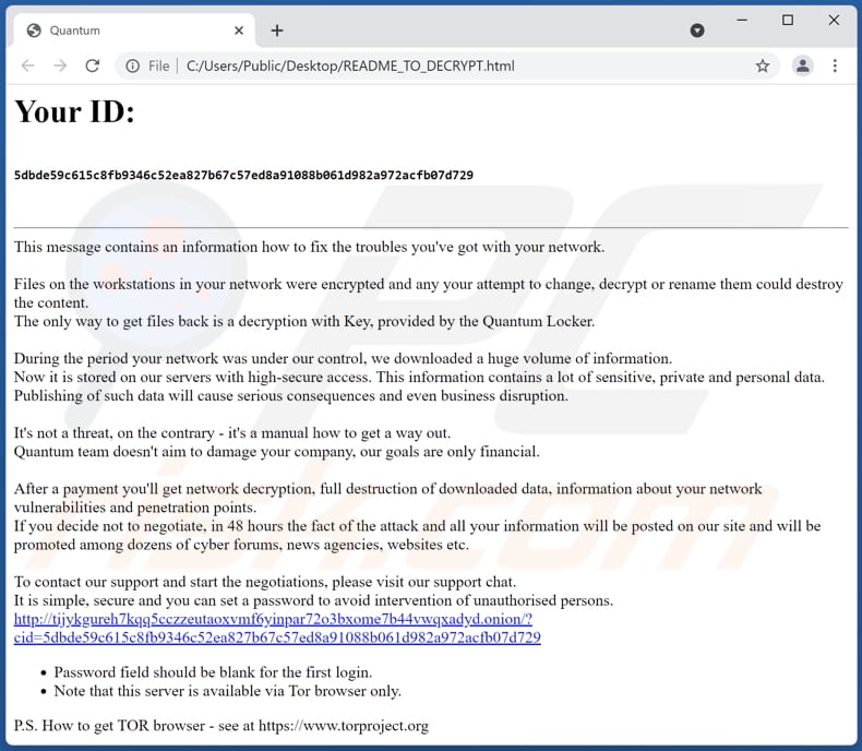 Ficheiro HTML do ransomware Quantum (README_TO_DECRYPT.html)