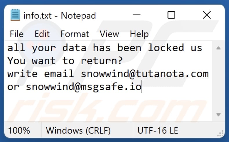 Ficheiro de texto do ransomware snwd (info.txt)