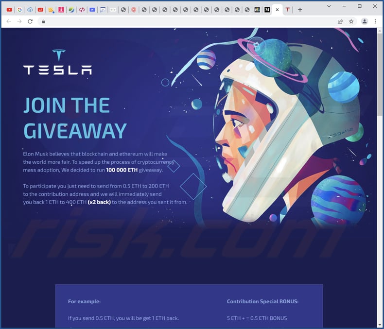 fraude tesla giveaway 100k btc de doação falsa