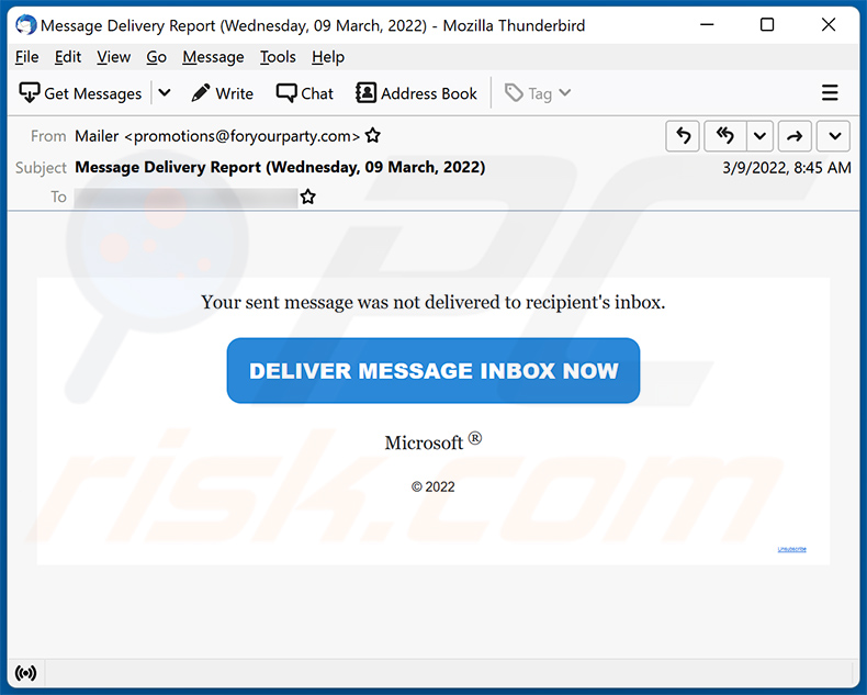 O site de phishing promovido através de Your sent message was not delivered na caixa de entrada de spam do destinatário na caixa de entrada de spam do destinatário