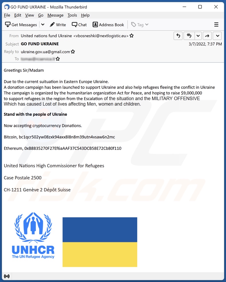 campanha de spam por email UNHCR