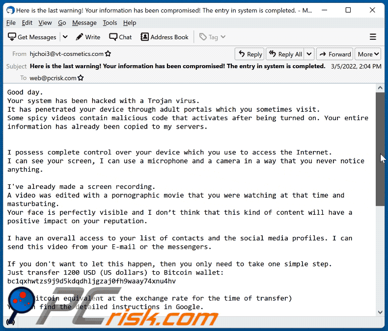 aparência da fraude por email your system has been hacked with a trojan virus
