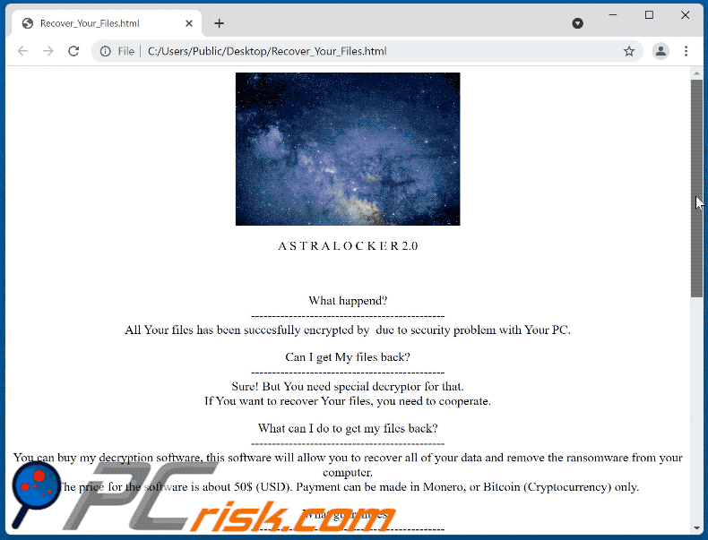 ficheiro do ransomware AstraLocker 2.0 Recover_Your_Files.html