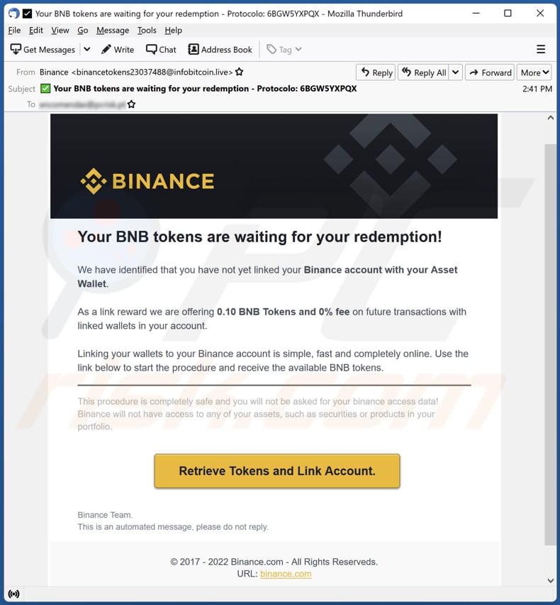 campanha de spam por email Binance