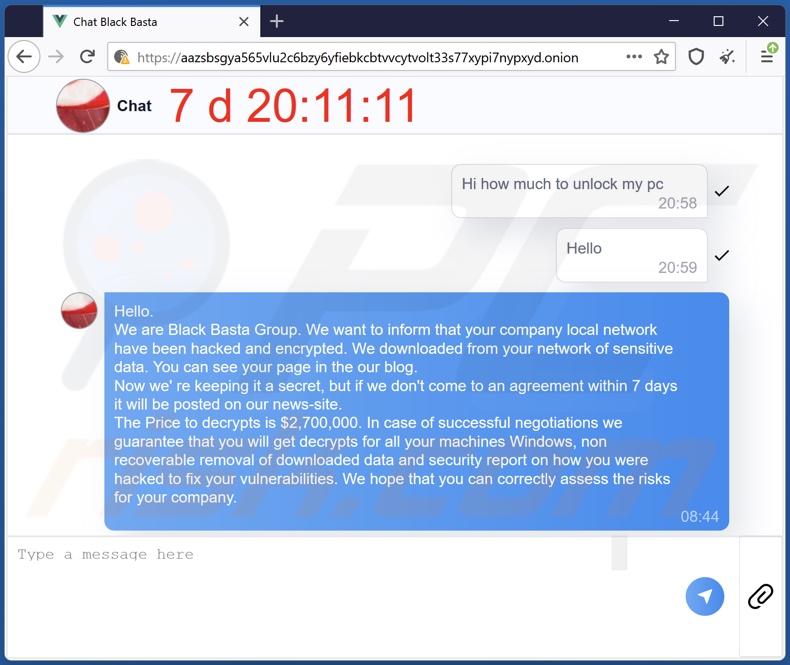 chat do site Tor do ransomware Black Basta