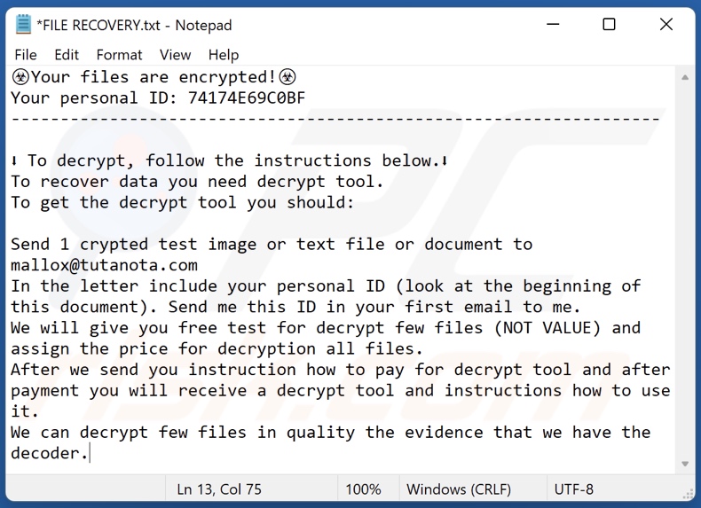 Mensagem exigente de resgate do ransomware Bozon (FILE RECOVERY.txt)