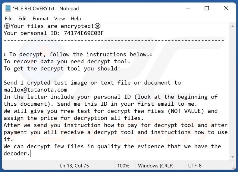 Mensagem exigente de resgate do ransomware Bozon (FILE RECOVERY.txt)