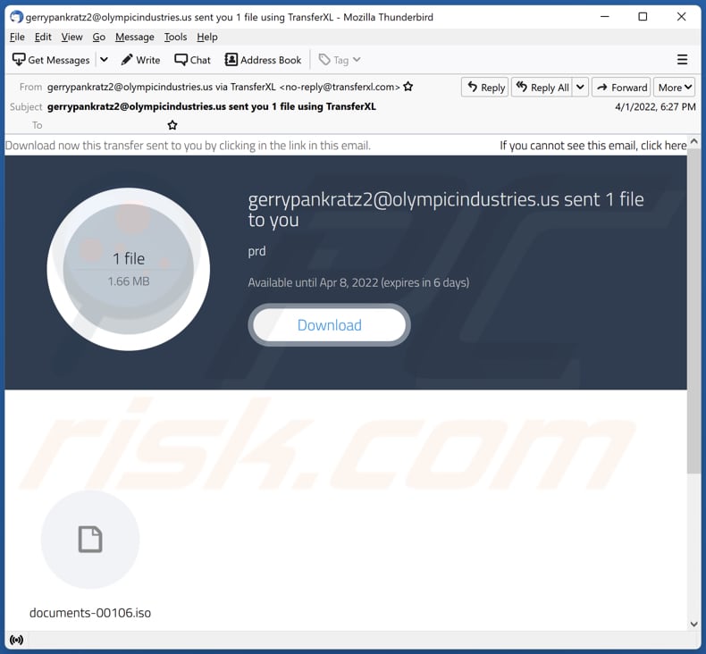 Email malicioso a distribuir o malware Bumblebee