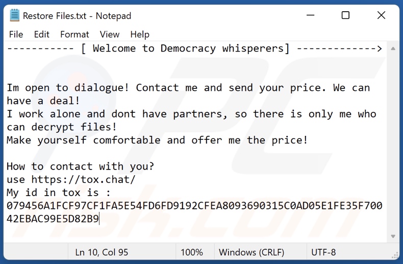 mensagem exigente de resgate do ransomware Democracy Whisperers (Restore Files.txt)