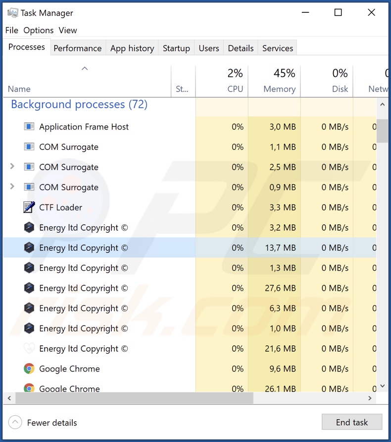 Processo do adware Energy no Gestor de Tarefas do Windows (nome do processo 