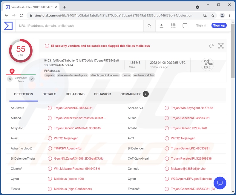 detecções do malware FFDroider em VirusTotal