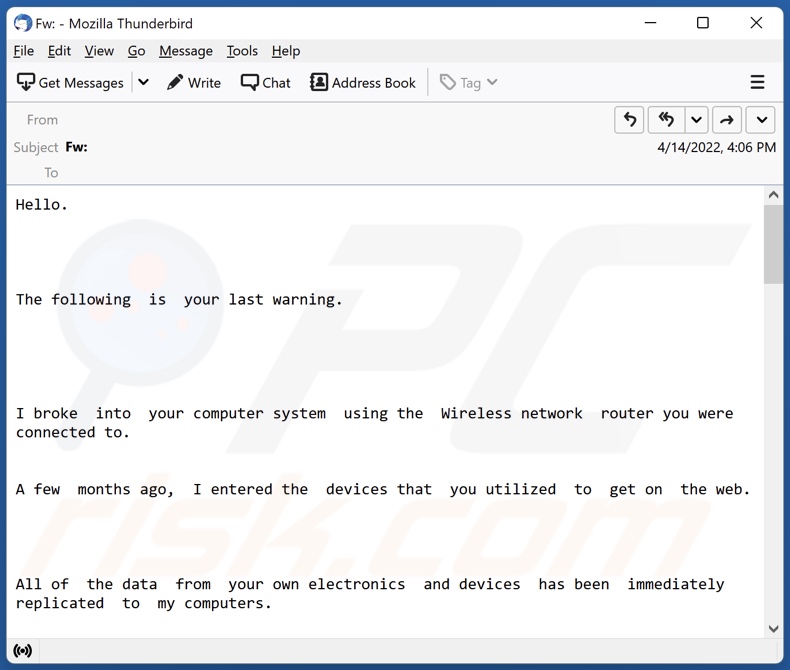 campanha de spam por email I broke into your computer system using the Wireless network router