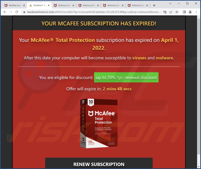 variante de outra fraude McAfee Total Protection has expired