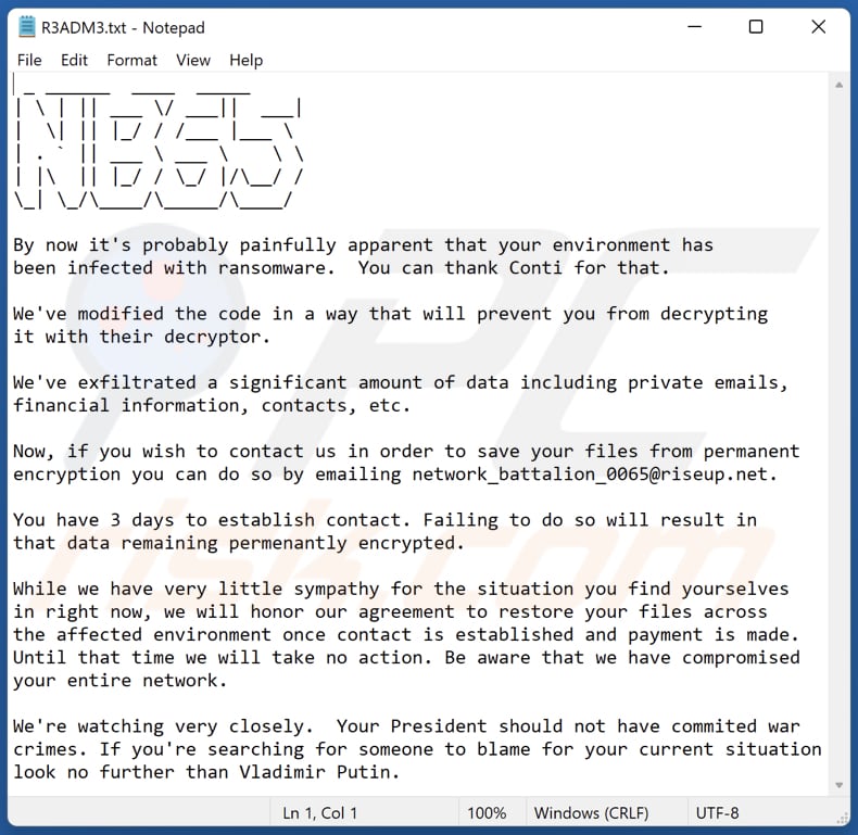 ficheiro de texto do ransomware NB65 (R3ADM3.txt)