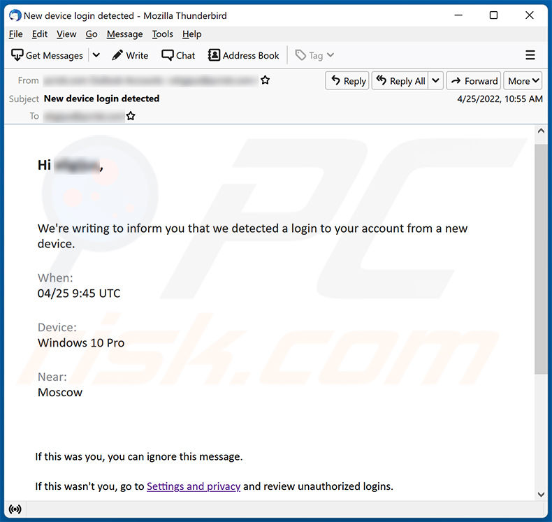Fraude por Email we detected a login to your account from a new device (2022-04-26)