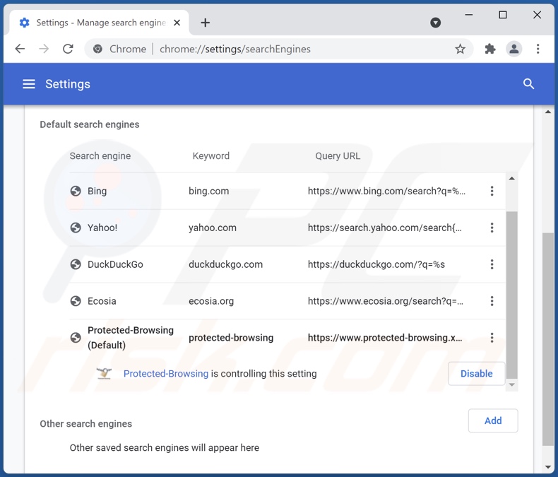 Remoção de navegação protegida.xyz do motor de pesquisa padrão do Google Chrome