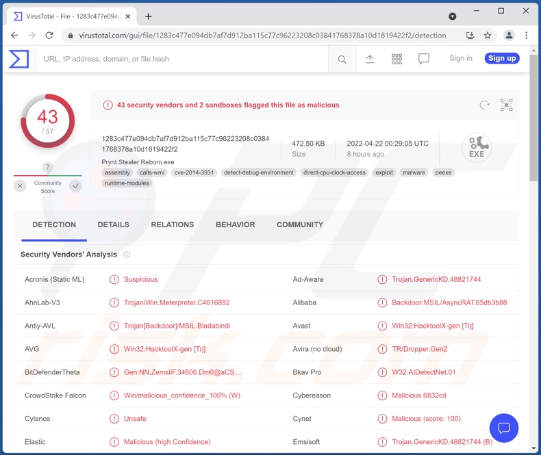 Detecções do malware Prynt Stealer em VirusTotal