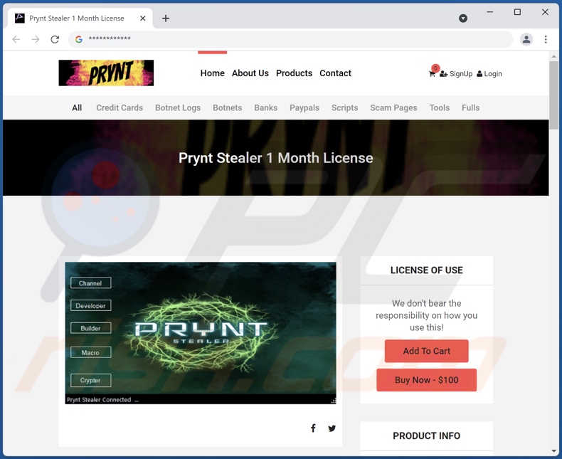 site de promoção do malware Prynt Stealer
