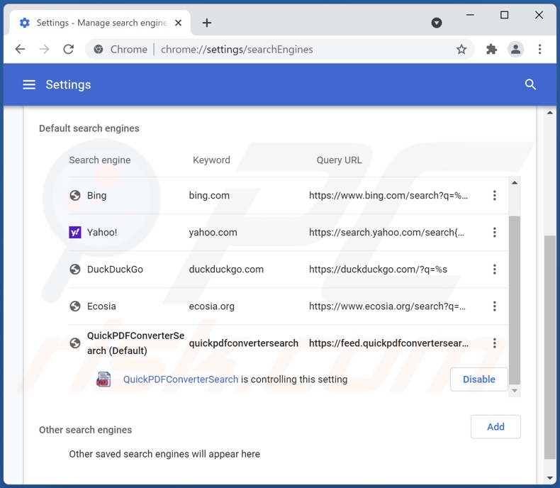 Remoção do quickpdfconvertersearch.com do motor de pesquisa padrão do Google Chrome