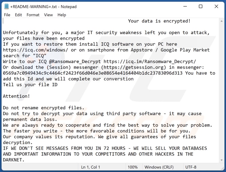 Ficheiro de texto do ransomware Session (+README-WARNING+.txt)