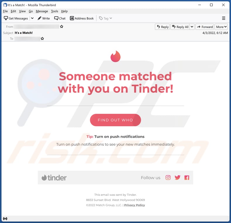 fraude por email Someone matched with you on Tinder!