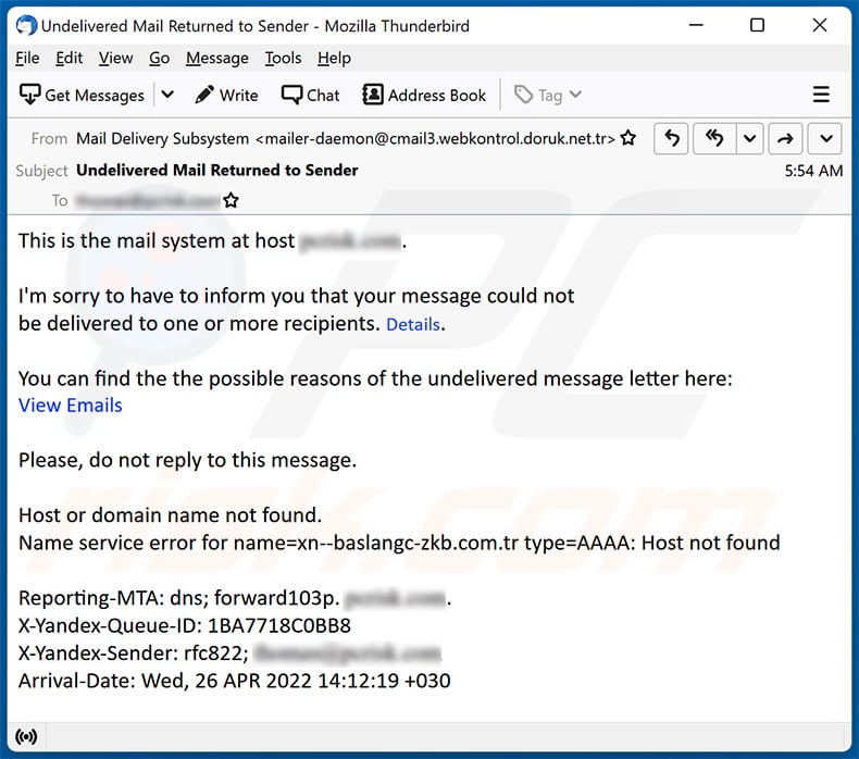 Spam com o tema Undelivered mail (2022-04-26)