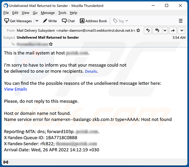 Spam com o tema Undelivered mail (2022-04-26)