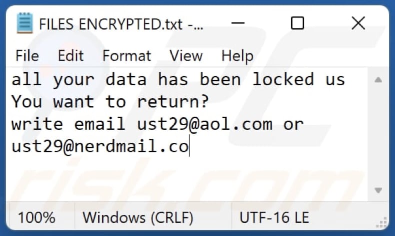 nota de resgate do ransomware Ust29 (FILES ENCRYPTED.txt)