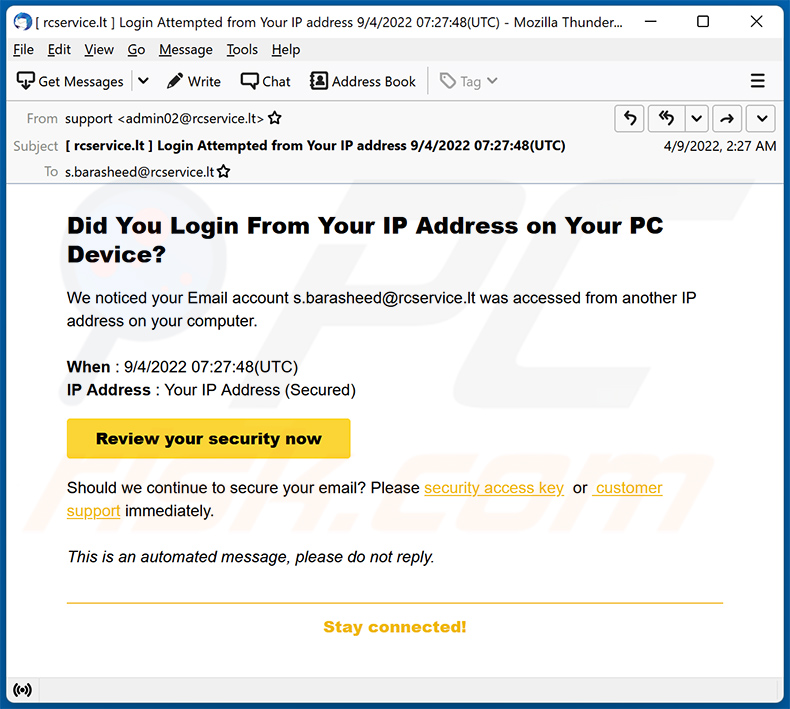 Fraude por Email We Noticed A Login From A Device You Don't Usually Use (2022-04-13)