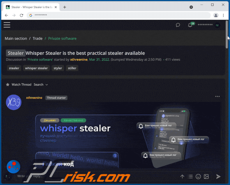 malware whisper stealer promovido em fórum pirata