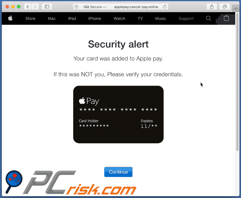 Aparência da fraude Your card was added to Apple pay (GIF)