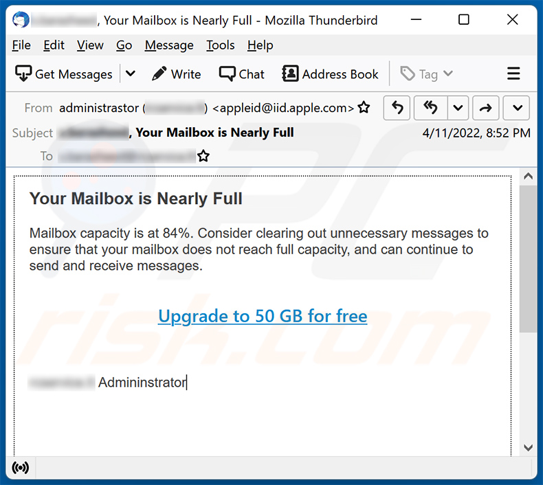 email de spam com tema Mailbox capacity (2022-04-13)