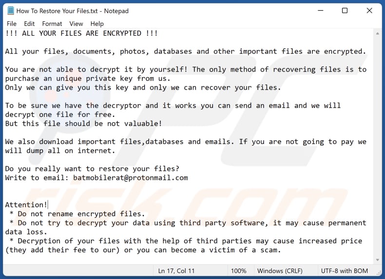 Ficheiro de texto do ransomware Zazas (How To Restore Your Files.txt)