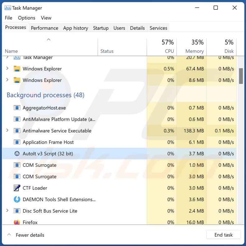 Processo do malware clipper 3Ex2BJT2aiqDJKPAFeuWMbB4T6MhML384p malicioso (Script Autolt v3) em execução no Gestor de Tarefas