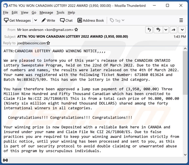 CANADIAN LOTTERY burla por correio eletrónico