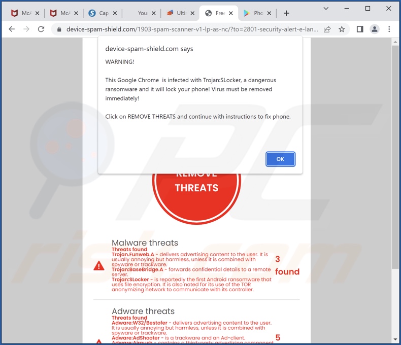 resultados de verificação falsa e pop-ups da fraude Chrome is infected with Trojan:SLocker