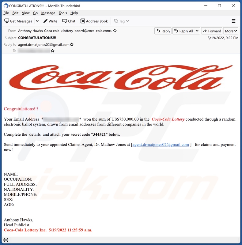 Campanha de spam por email Coca Cola Lottery