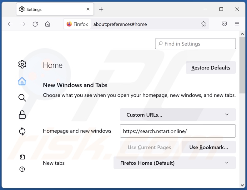 Remoção de search.nstart.online da página inicial do Mozilla Firefox