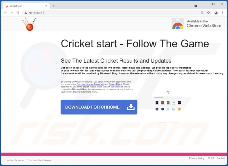 Website utilizado para promover o sequestrador de navegador Cricket Start 
