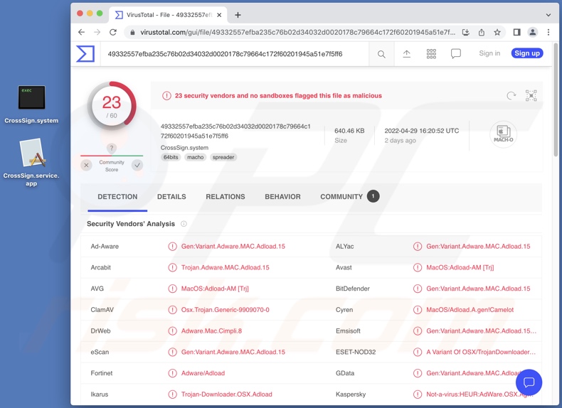 detecções do adware CrossSign no VirusTotal