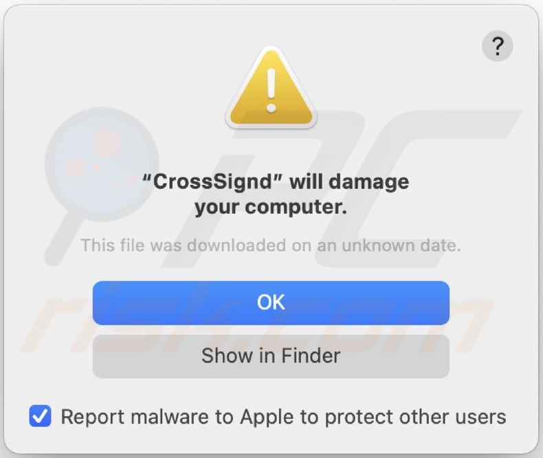 Pop-up exibido quando a presença de adware CrossSign é detectada