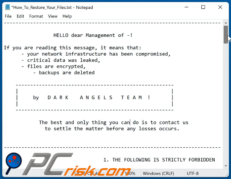 Mensagem de resgate do ransomware Dark Angels Team (How_To_Restore_Your_Files.txt) GIF